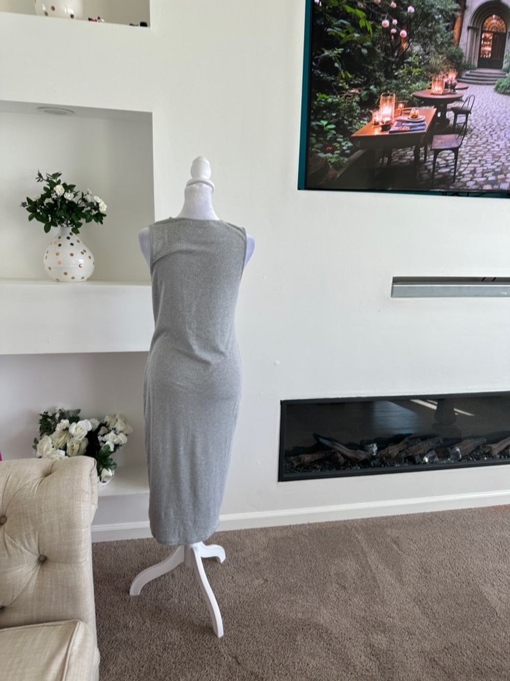 Athleta Sleeveless Light Gray Ribbed Midi Dress - Picture 3 of 5